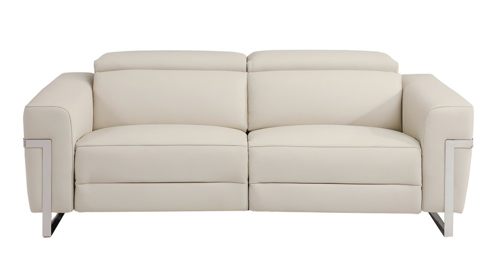 83" Beige Italian Leather USB Reclining Sofa With Silver Legs HomeRoots