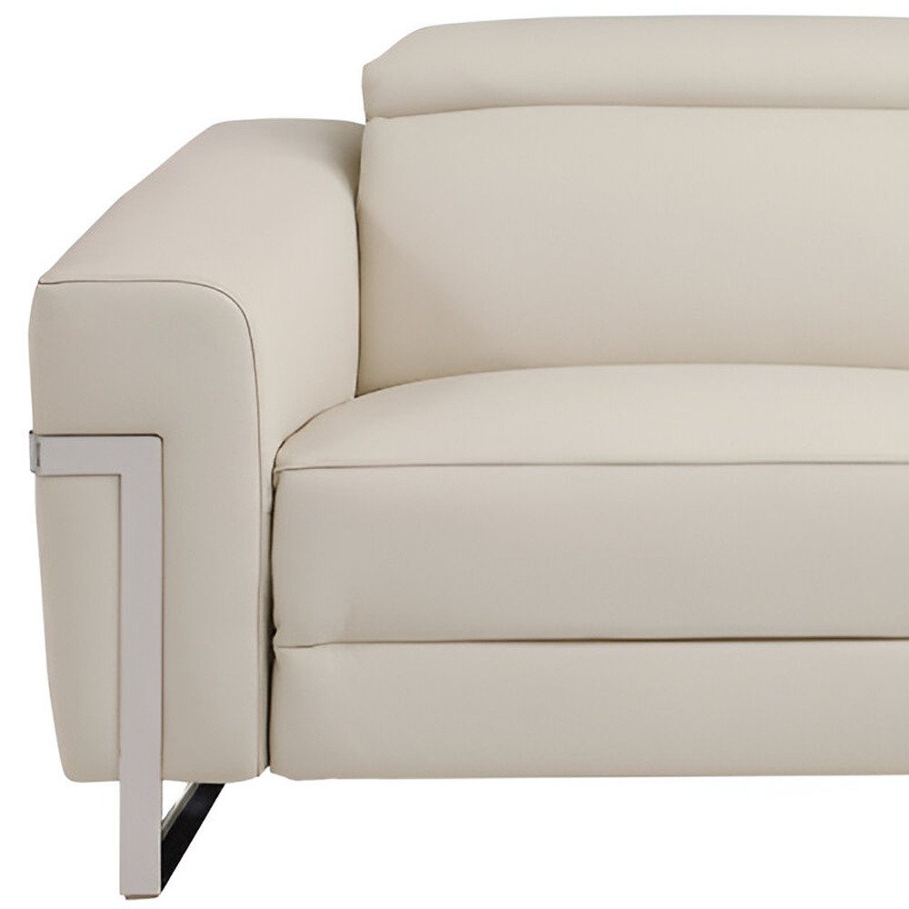 83" Beige Italian Leather USB Reclining Sofa With Silver Legs HomeRoots