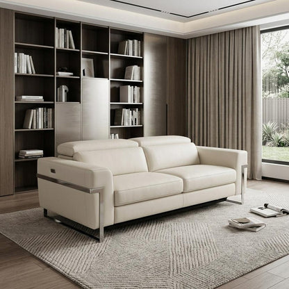 83" Beige Italian Leather USB Reclining Sofa With Silver Legs HomeRoots