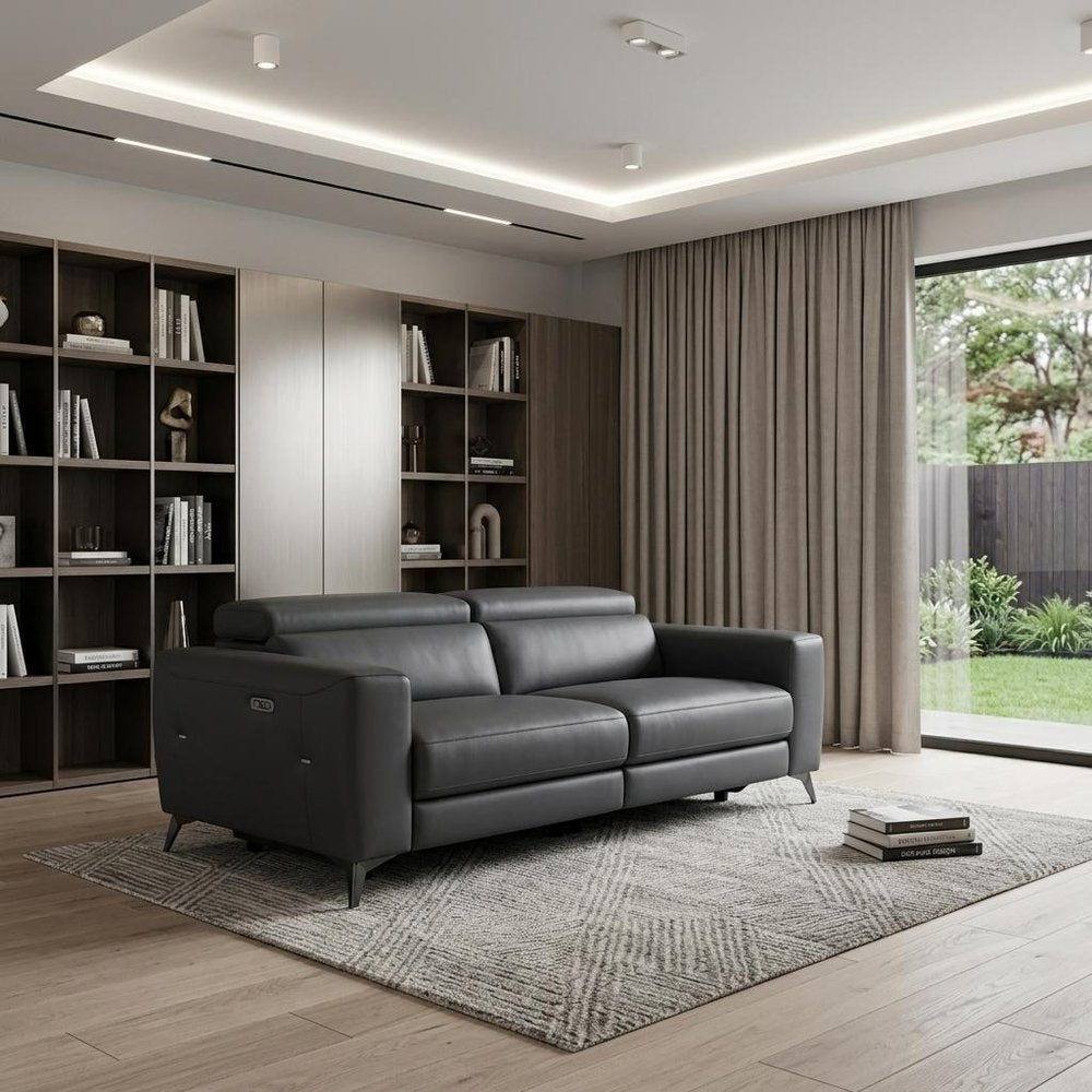 83" Gray Italian Leather USB Reclining Sofa With Black Legs HomeRoots