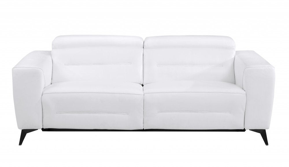 83" White Italian Leather USB Reclining Sofa With Black Legs HomeRoots