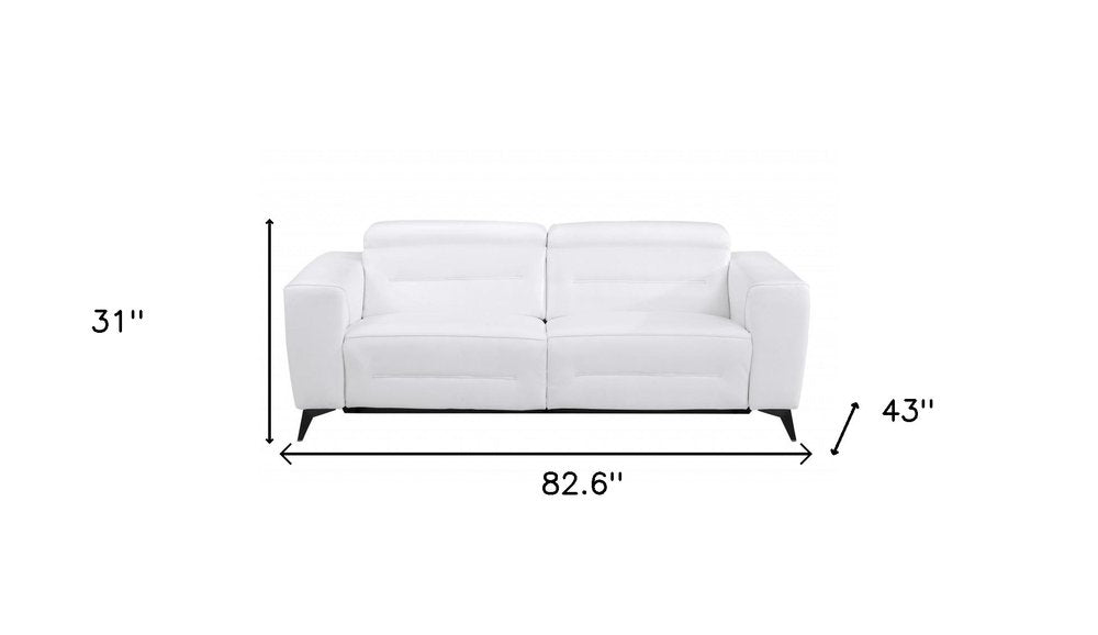 83" White Italian Leather USB Reclining Sofa With Black Legs HomeRoots