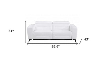 83" White Italian Leather USB Reclining Sofa With Black Legs HomeRoots