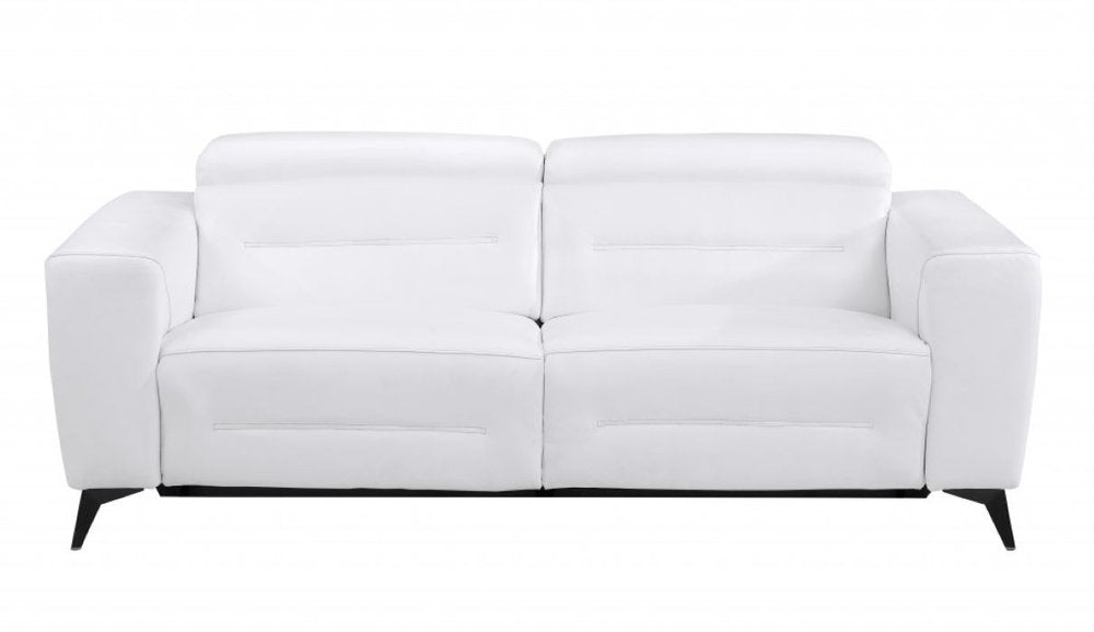 83" White Italian Leather USB Reclining Sofa With Black Legs HomeRoots