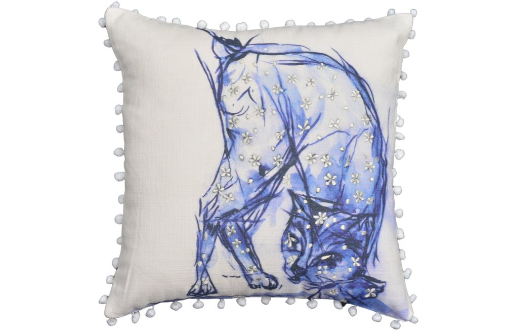 18" X 18" Blue And White Abstract Cat Throw Pillow With Pom Poms — view 2