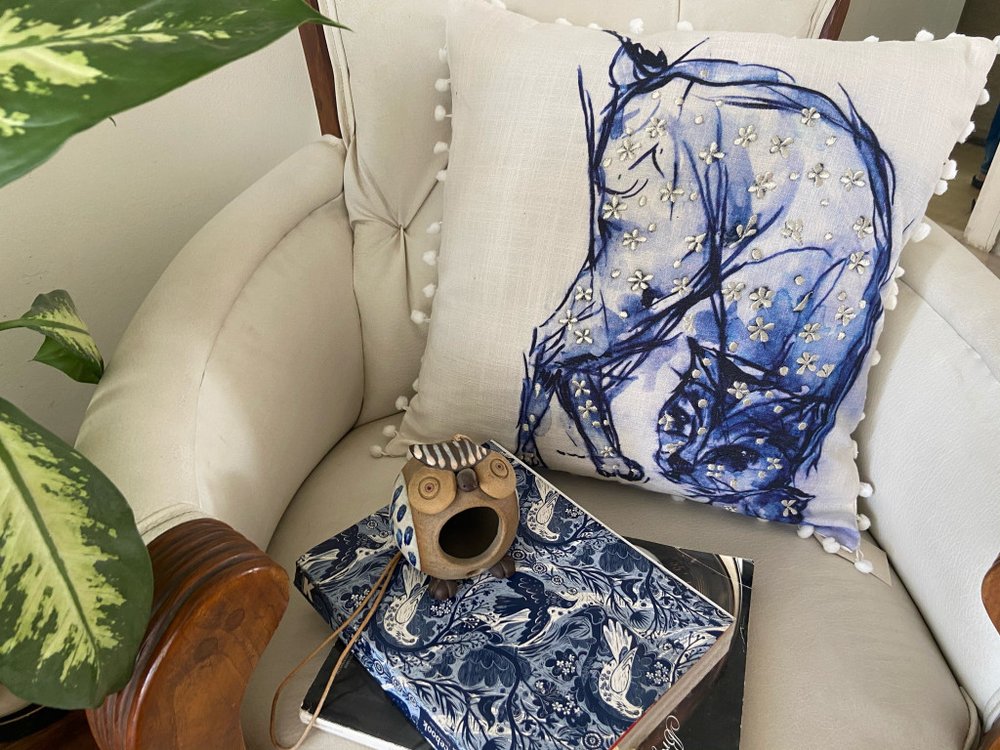 18" X 18" Blue And White Abstract Cat Throw Pillow With Pom Poms — view 4