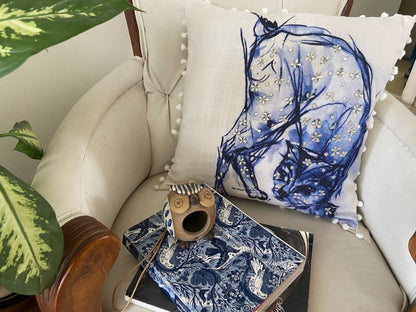 18" X 18" Blue And White Abstract Cat Throw Pillow With Pom Poms