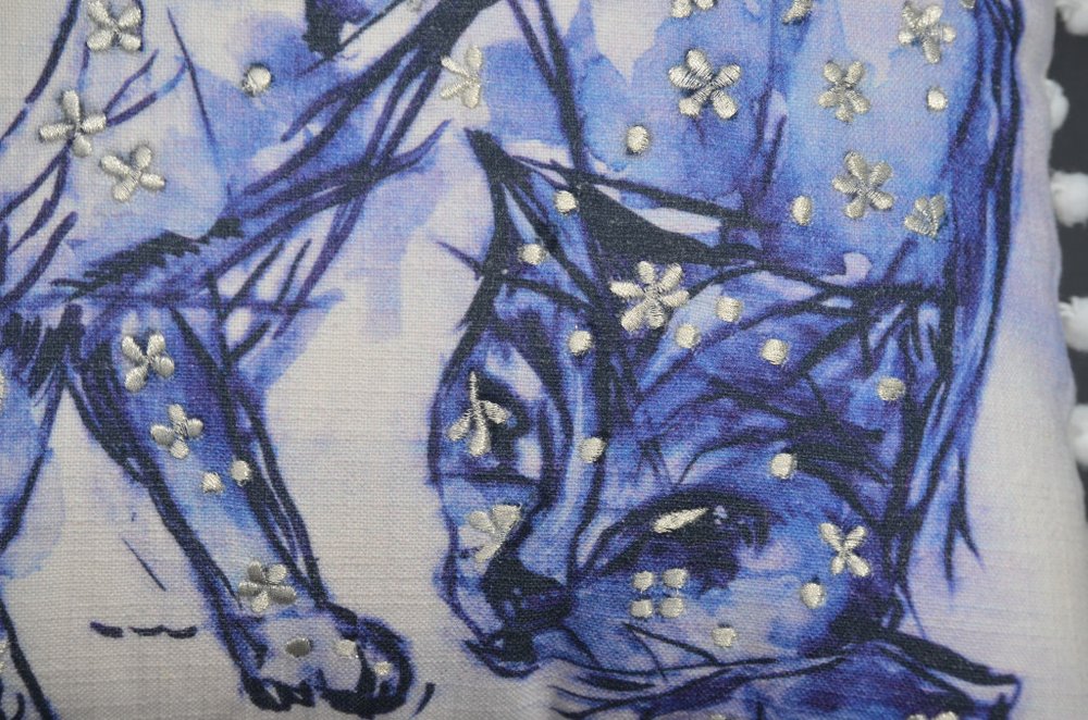 18" X 18" Blue And White Abstract Cat Throw Pillow With Pom Poms — view 3