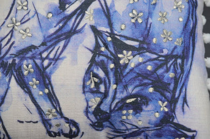 18" X 18" Blue And White Abstract Cat Throw Pillow With Pom Poms