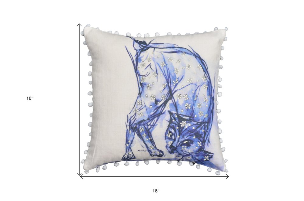18" X 18" Blue And White Abstract Cat Throw Pillow With Pom Poms — view 5