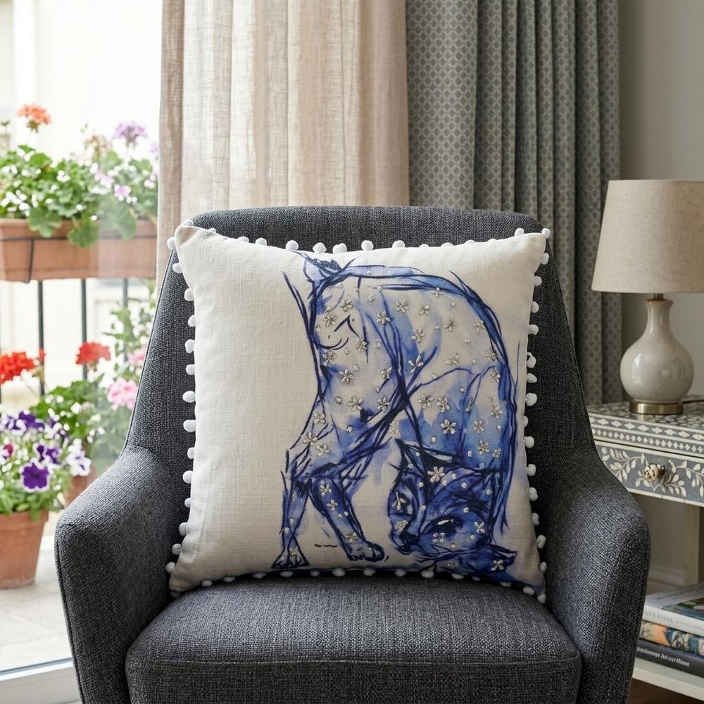 18" X 18" Blue And White Abstract Cat Throw Pillow With Pom Poms — view 1
