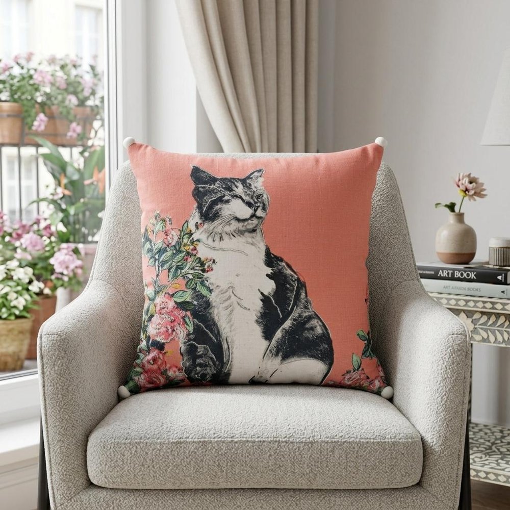 18" X 18" Pink Cat Zippered Handmade Cotton Blend Throw Pillow With Pom Poms — view 1