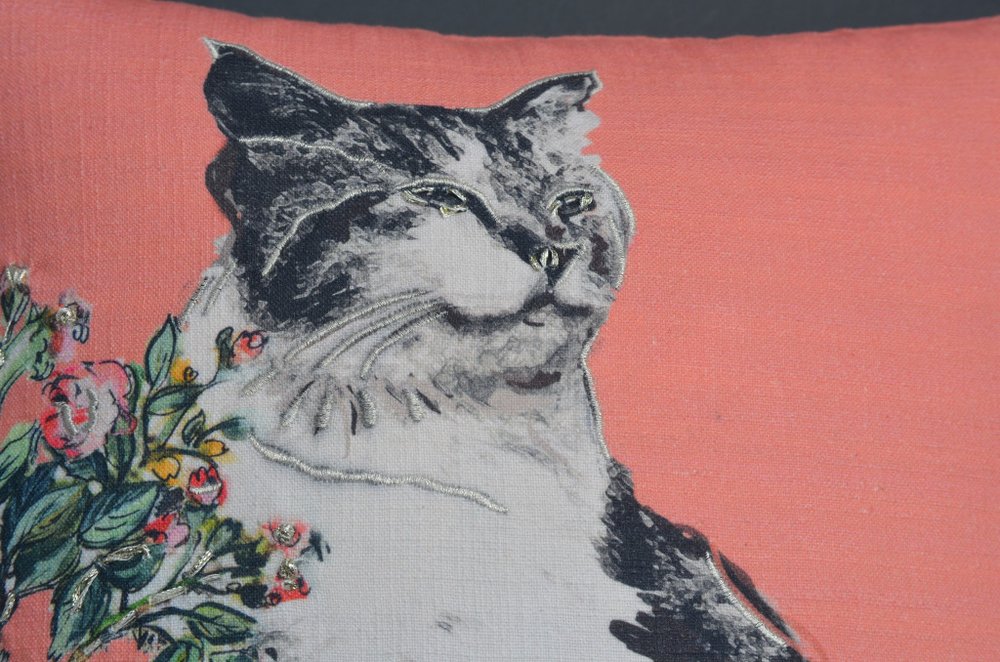 18" X 18" Pink Cat Zippered Handmade Cotton Blend Throw Pillow With Pom Poms — view 3