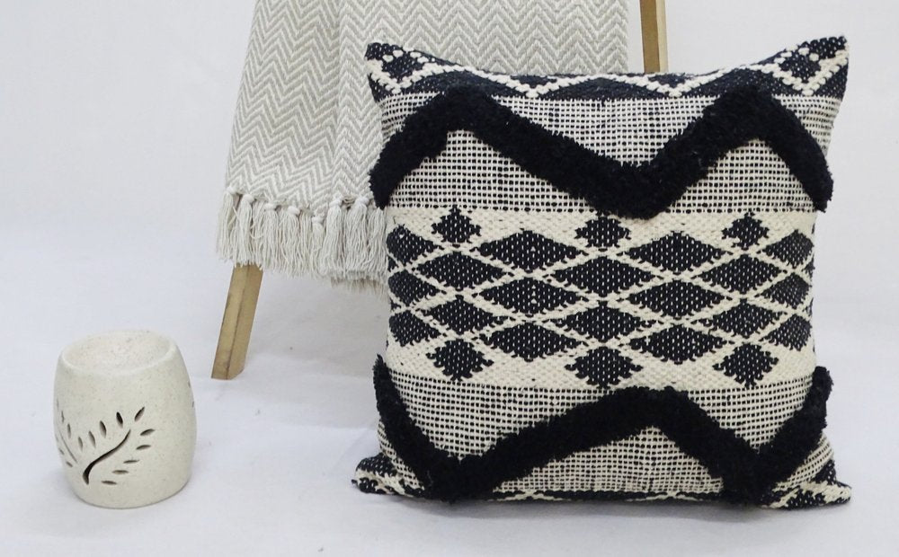 20" X 20" Black and White Chevron Textural Cotton Blend Throw Pillow — view 3