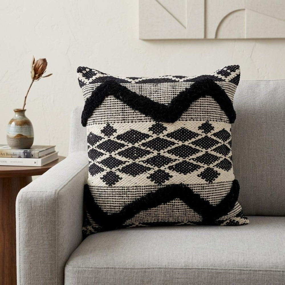 20" X 20" Black and White Chevron Textural Cotton Blend Throw Pillow