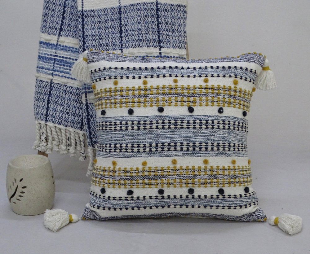 20" X 20" Blue And Gold Striped Handmade Throw Pillow With Tassels — view 5