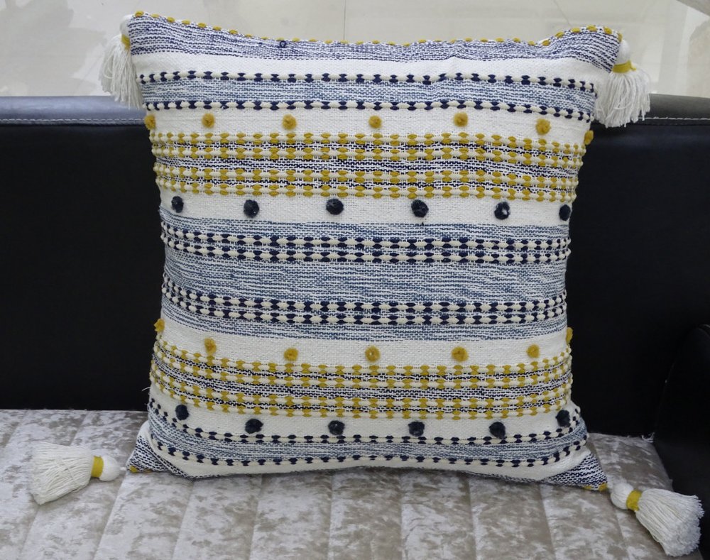 20" X 20" Blue And Gold Striped Handmade Throw Pillow With Tassels — view 6