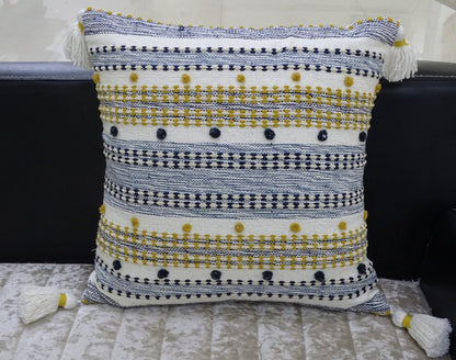 20" X 20" Blue And Gold Striped Handmade Throw Pillow With Tassels