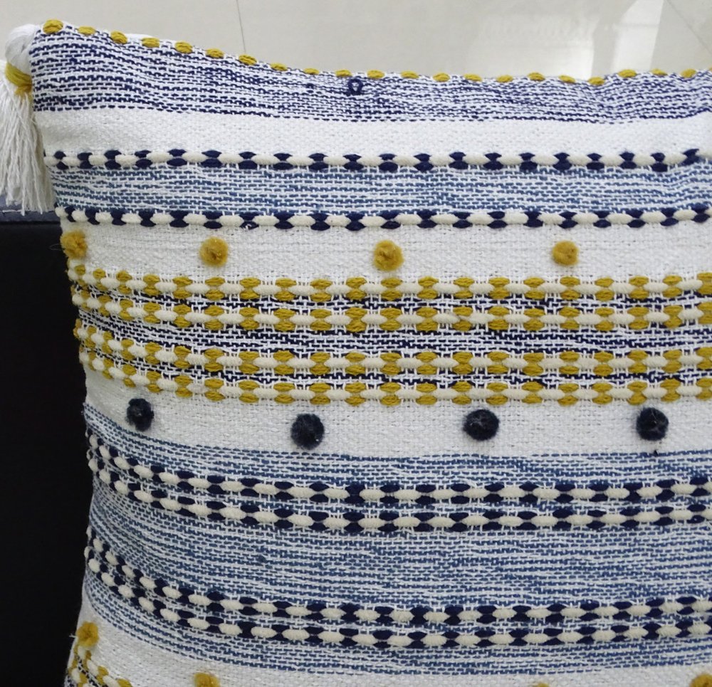 20" X 20" Blue And Gold Striped Handmade Throw Pillow With Tassels — view 4