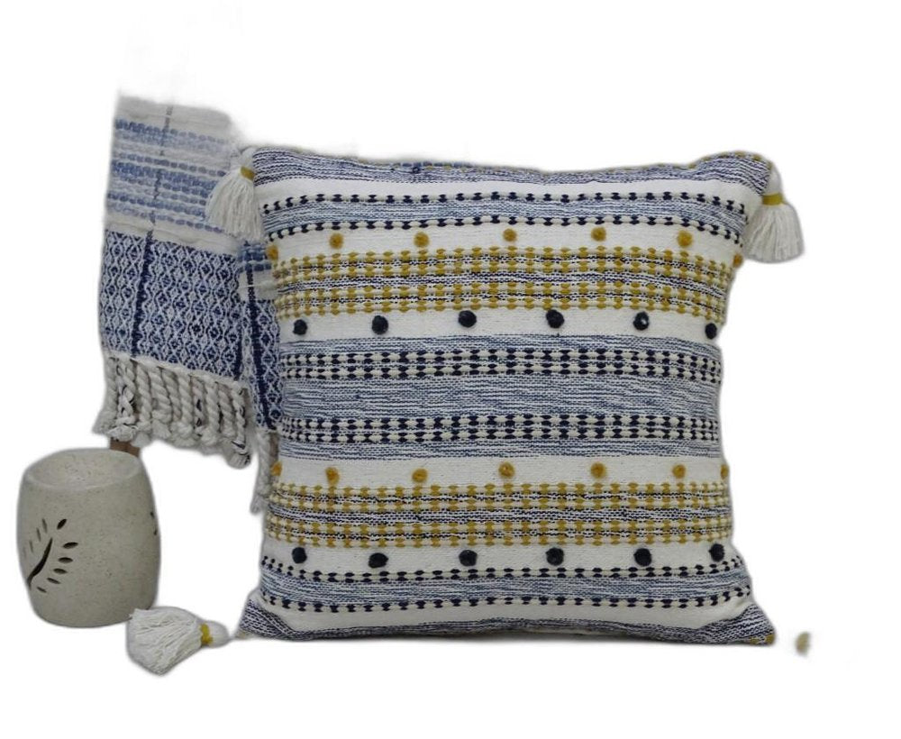 20" X 20" Blue And Gold Striped Handmade Throw Pillow With Tassels — view 2