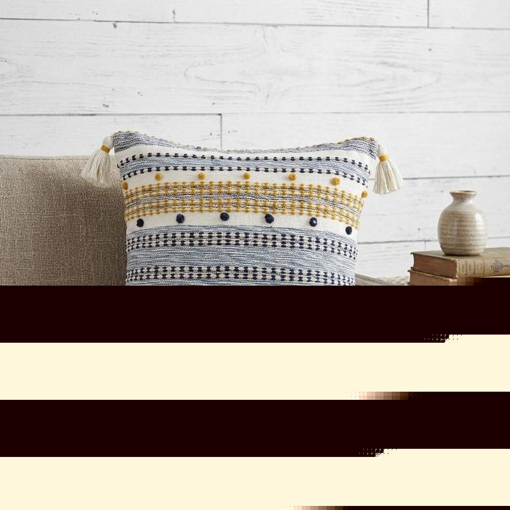 20" X 20" Blue And Gold Striped Handmade Throw Pillow With Tassels — view 1