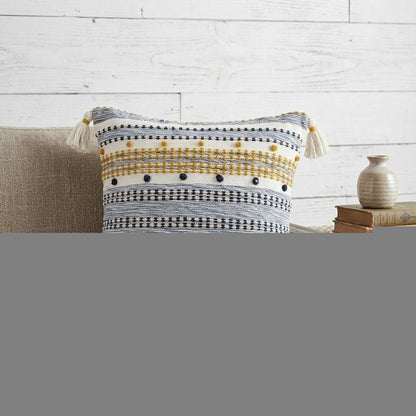 20" X 20" Blue And Gold Striped Handmade Throw Pillow With Tassels