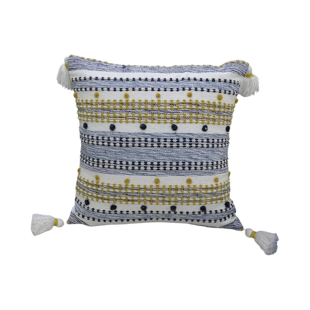 20" X 20" Blue And Gold Striped Handmade Throw Pillow With Tassels