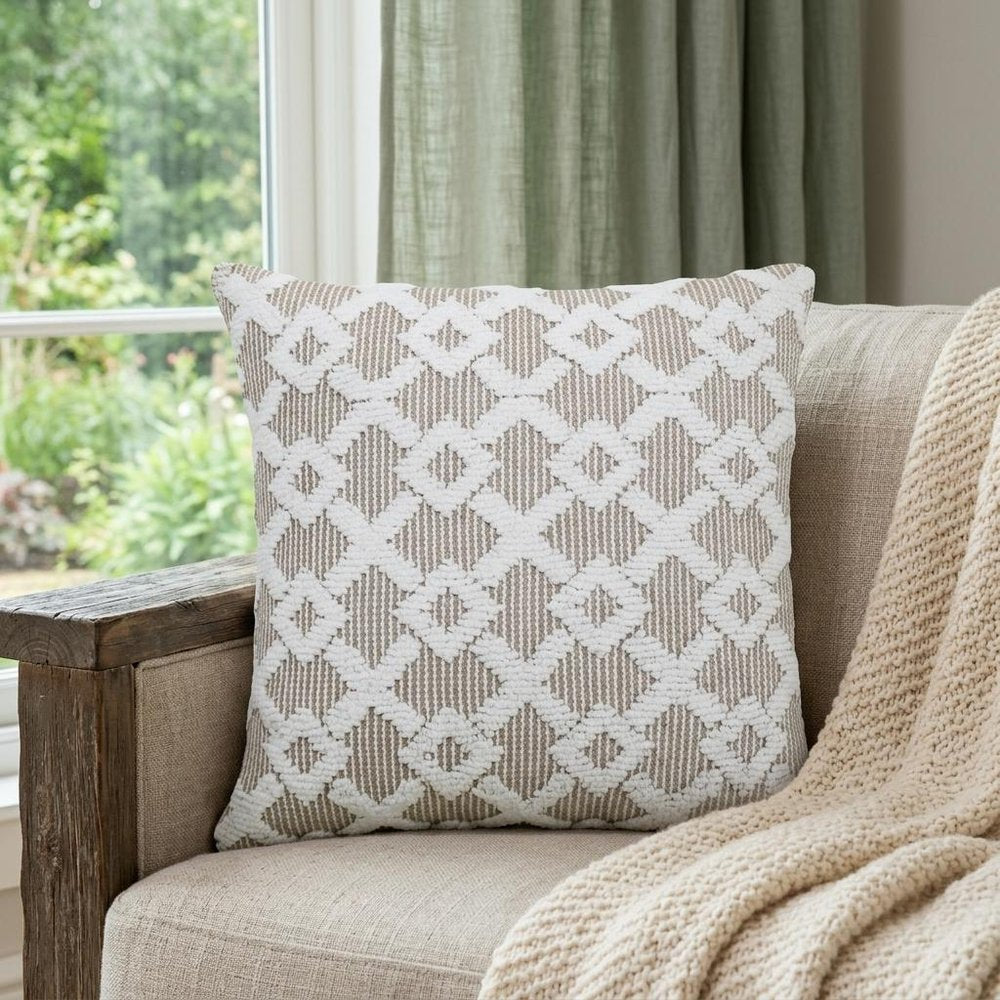 20" X 20" White And Beige Trellis Zippered Cotton Blend Throw Pillow — view 12