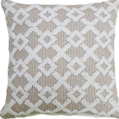 20" X 20" White And Beige Trellis Zippered Cotton Blend Throw Pillow