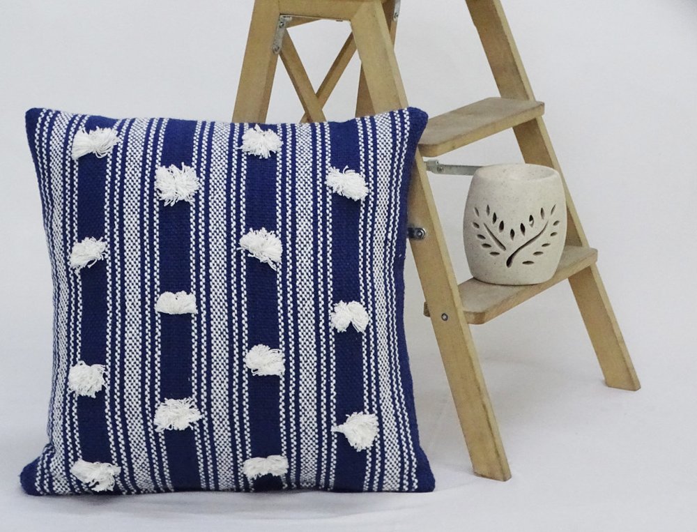 20" X 20" Navy and White Striped Textural Throw Pillow With Pom Poms — view 1