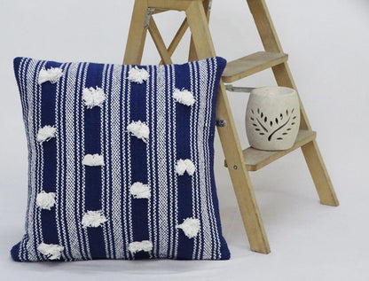 20" X 20" Navy and White Striped Textural Throw Pillow With Pom Poms