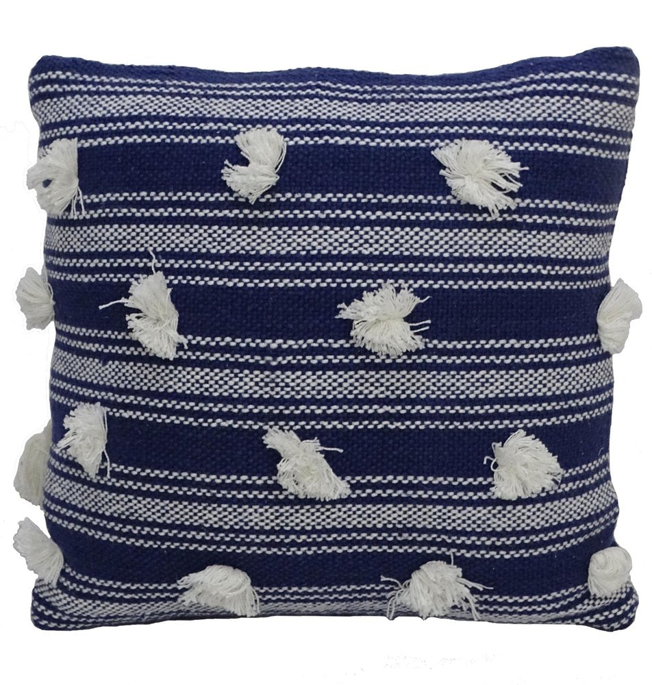 20" X 20" Navy and White Striped Textural Throw Pillow With Pom Poms — view 2