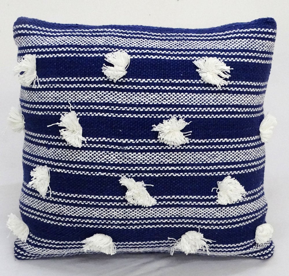 20" X 20" Navy and White Striped Textural Throw Pillow With Pom Poms — view 3
