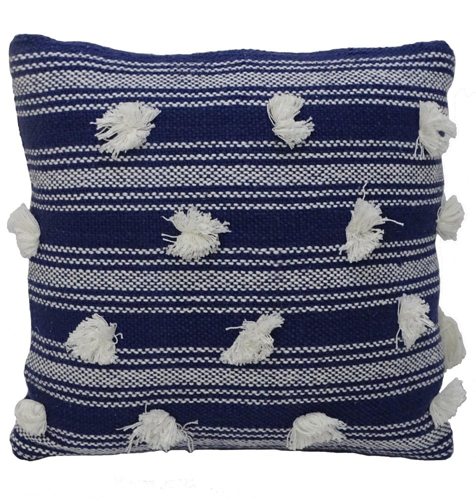 20" X 20" Navy and White Striped Textural Throw Pillow With Pom Poms