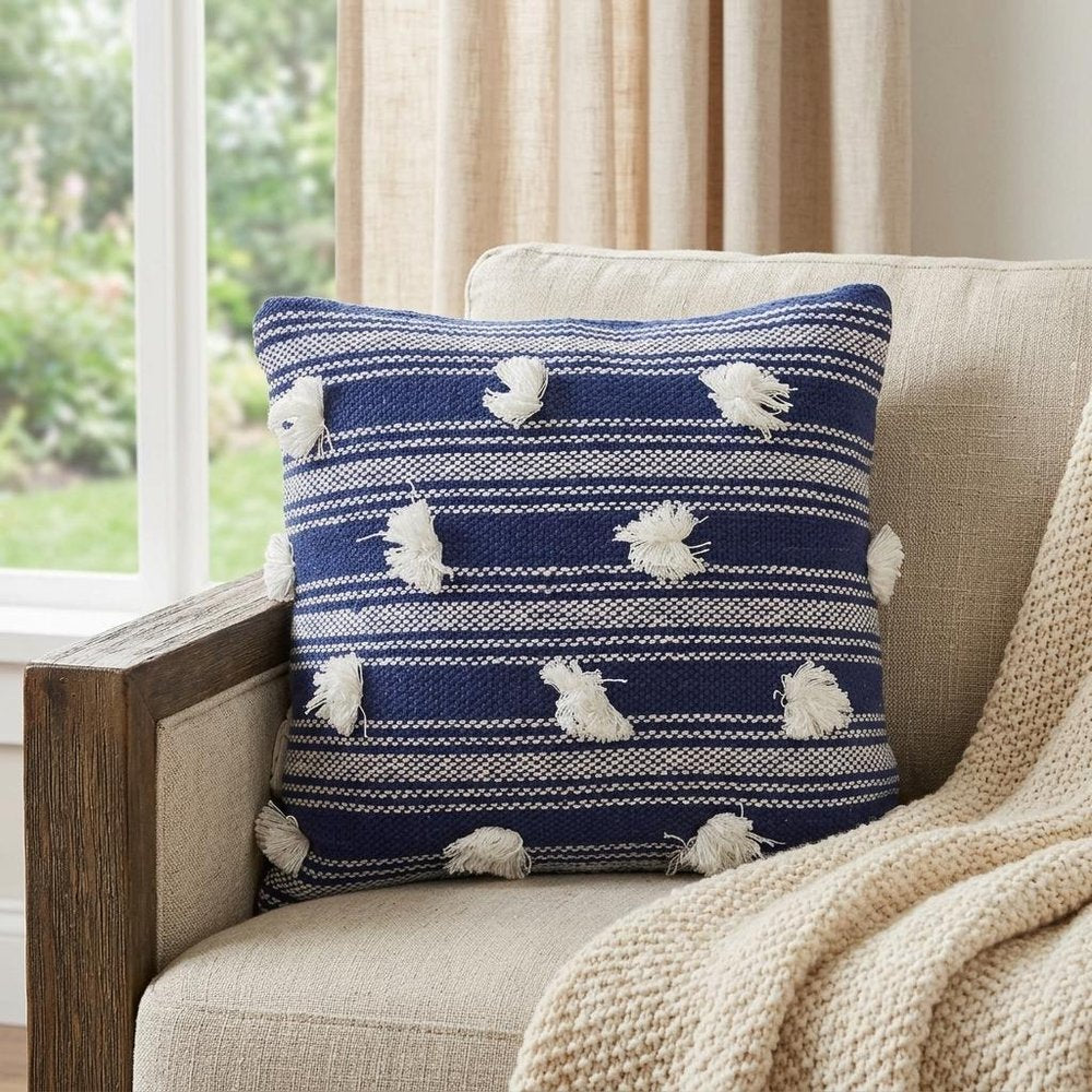 20" X 20" Navy and White Striped Textural Throw Pillow With Pom Poms — view 8