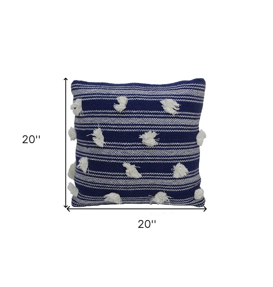 20" X 20" Navy and White Striped Textural Throw Pillow With Pom Poms — view 7