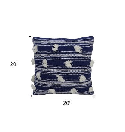 20" X 20" Navy and White Striped Textural Throw Pillow With Pom Poms