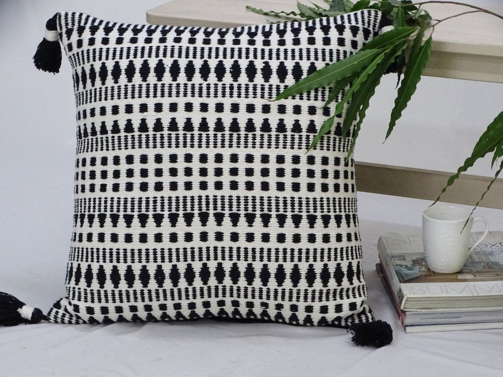22" Black and White Southwestern Cotton Blend Throw Pillow With Tassels — view 1