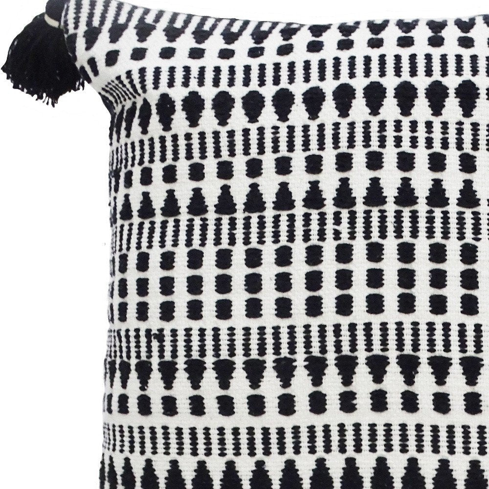 22" Black and White Southwestern Cotton Blend Throw Pillow With Tassels — view 3