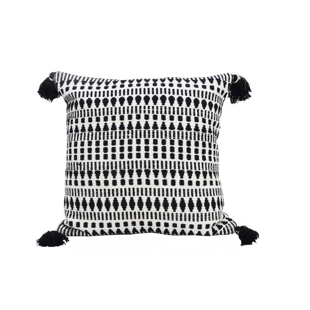 22" Black and White Southwestern Cotton Blend Throw Pillow With Tassels
