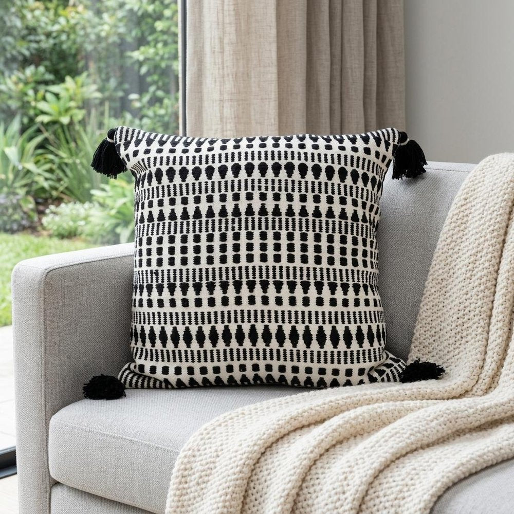 22" Black and White Southwestern Cotton Blend Throw Pillow With Tassels — view 7