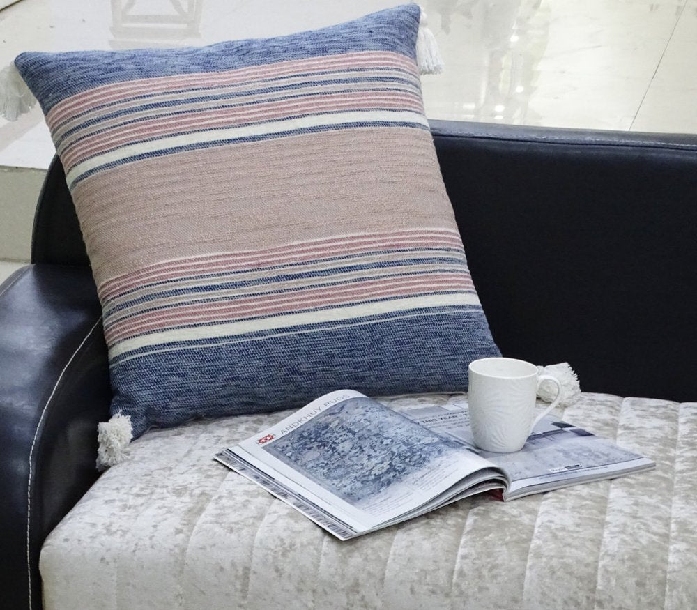 22" X 22" Blue And Tan Striped Handmade Throw Pillow With Tassels — view 4