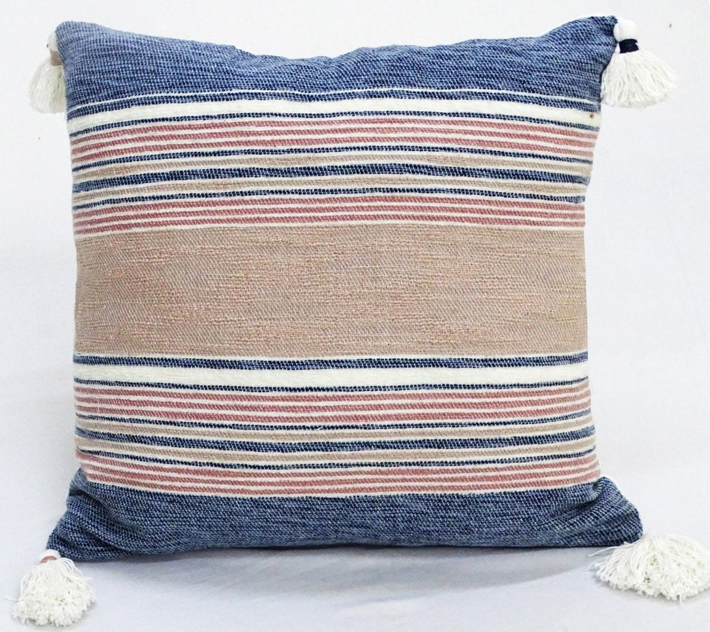 22" X 22" Blue And Tan Striped Handmade Throw Pillow With Tassels — view 3
