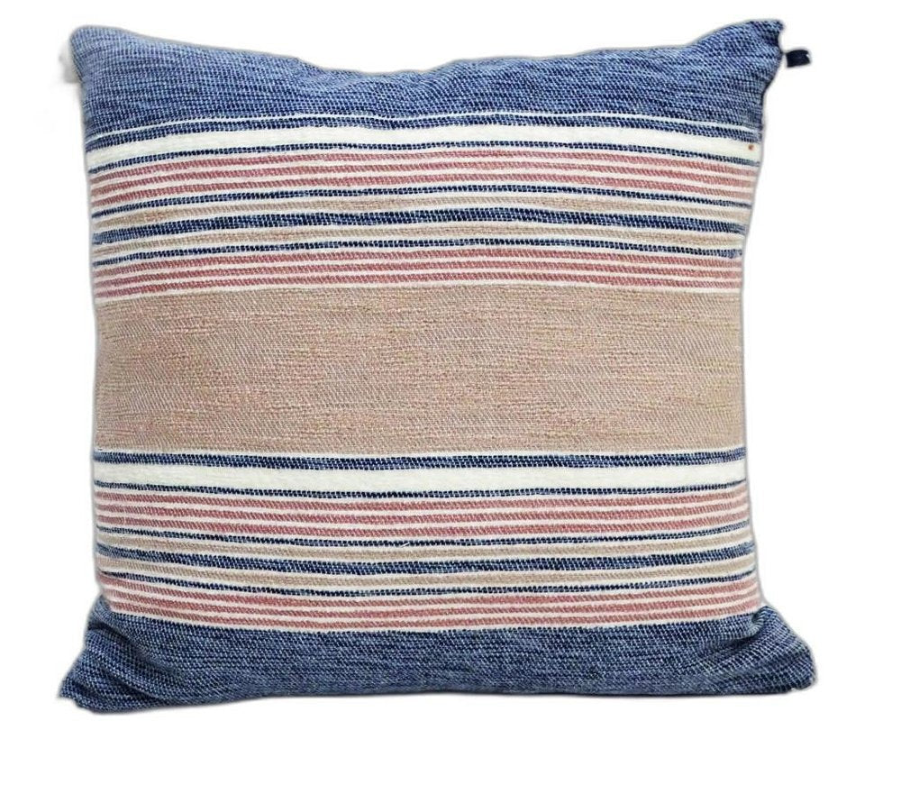 22" X 22" Blue And Tan Striped Handmade Throw Pillow With Tassels — view 2