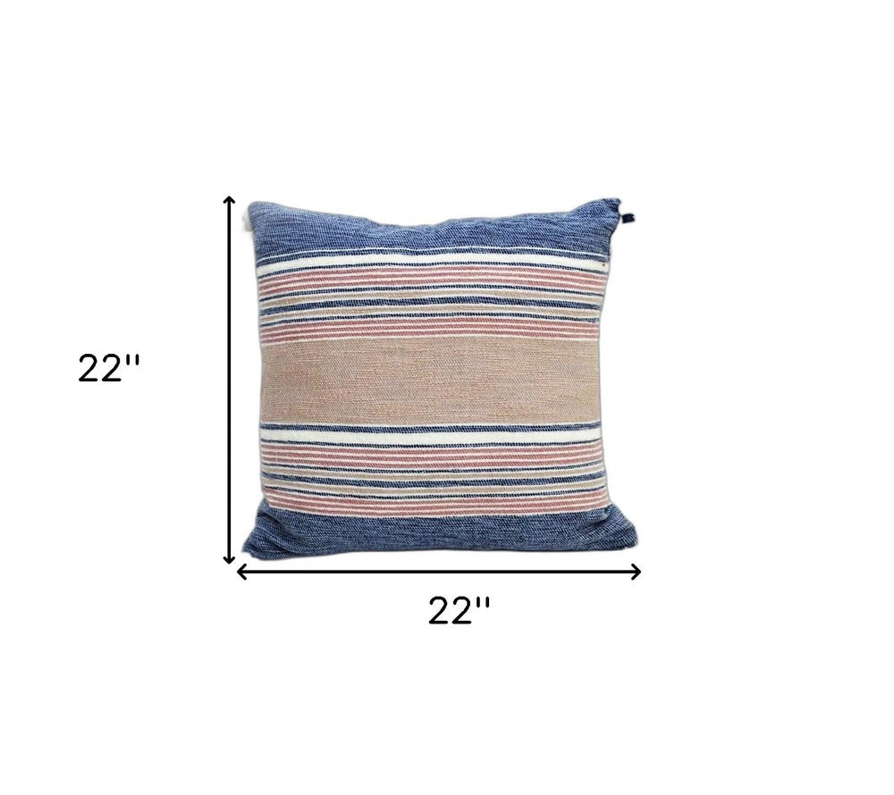 22" X 22" Blue And Tan Striped Handmade Throw Pillow With Tassels — view 5