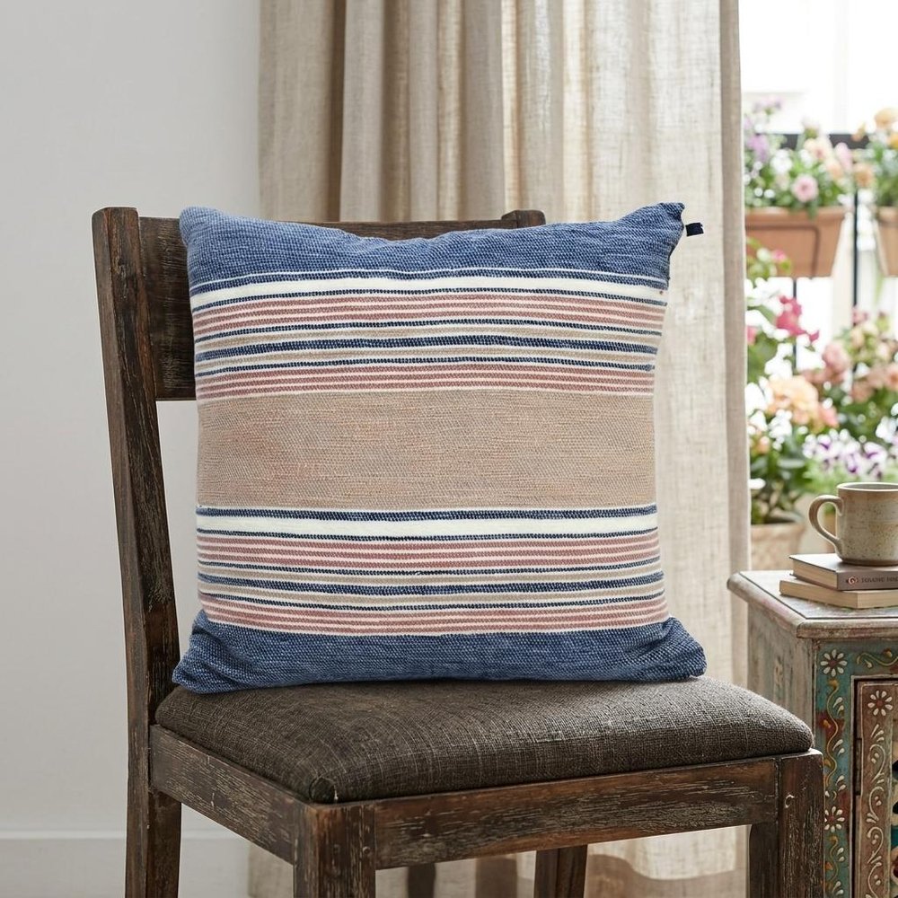 22" X 22" Blue And Tan Striped Handmade Throw Pillow With Tassels — view 1
