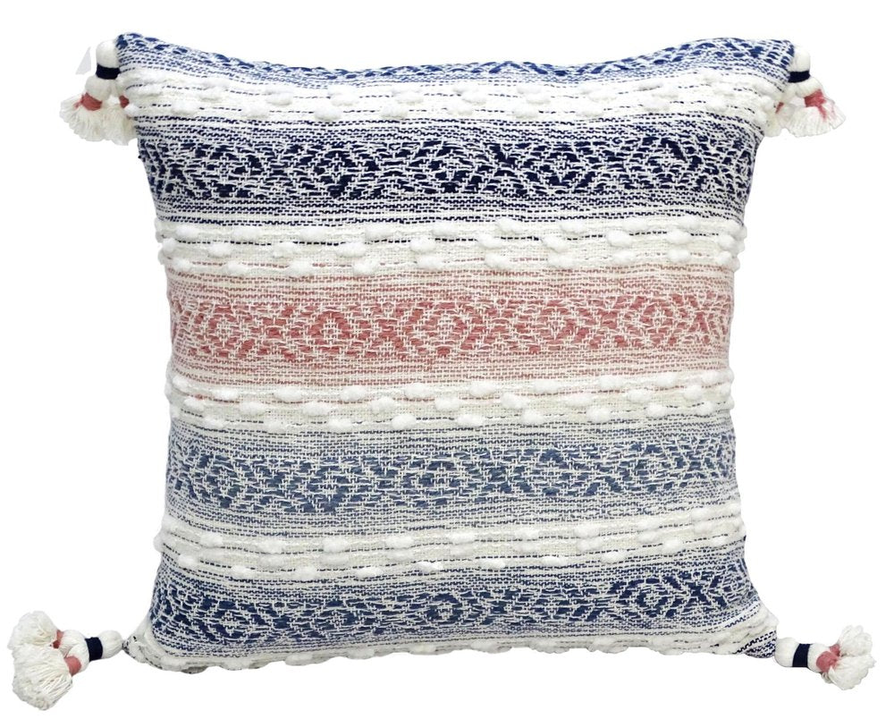 22" X 22" Blue And Peach Southwestern Stripe Handmade Throw Pillow With Tassels — view 1