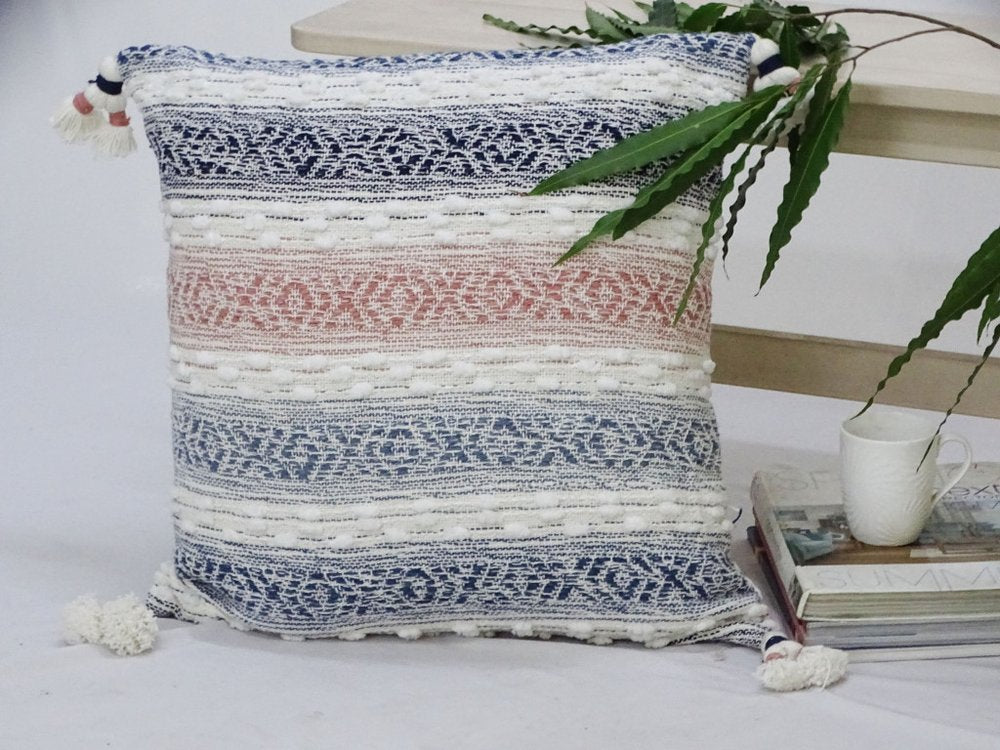 22" X 22" Blue And Peach Southwestern Stripe Handmade Throw Pillow With Tassels — view 2