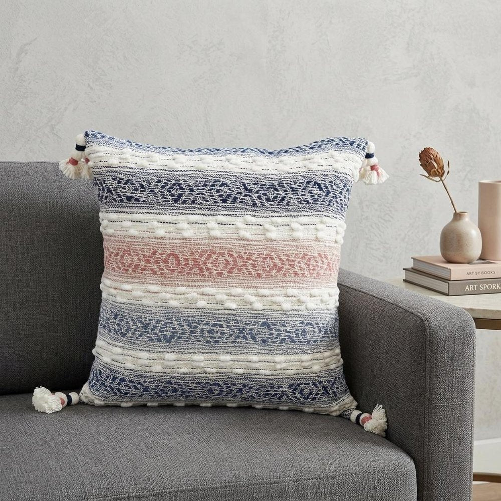 22" X 22" Blue And Peach Southwestern Stripe Handmade Throw Pillow With Tassels