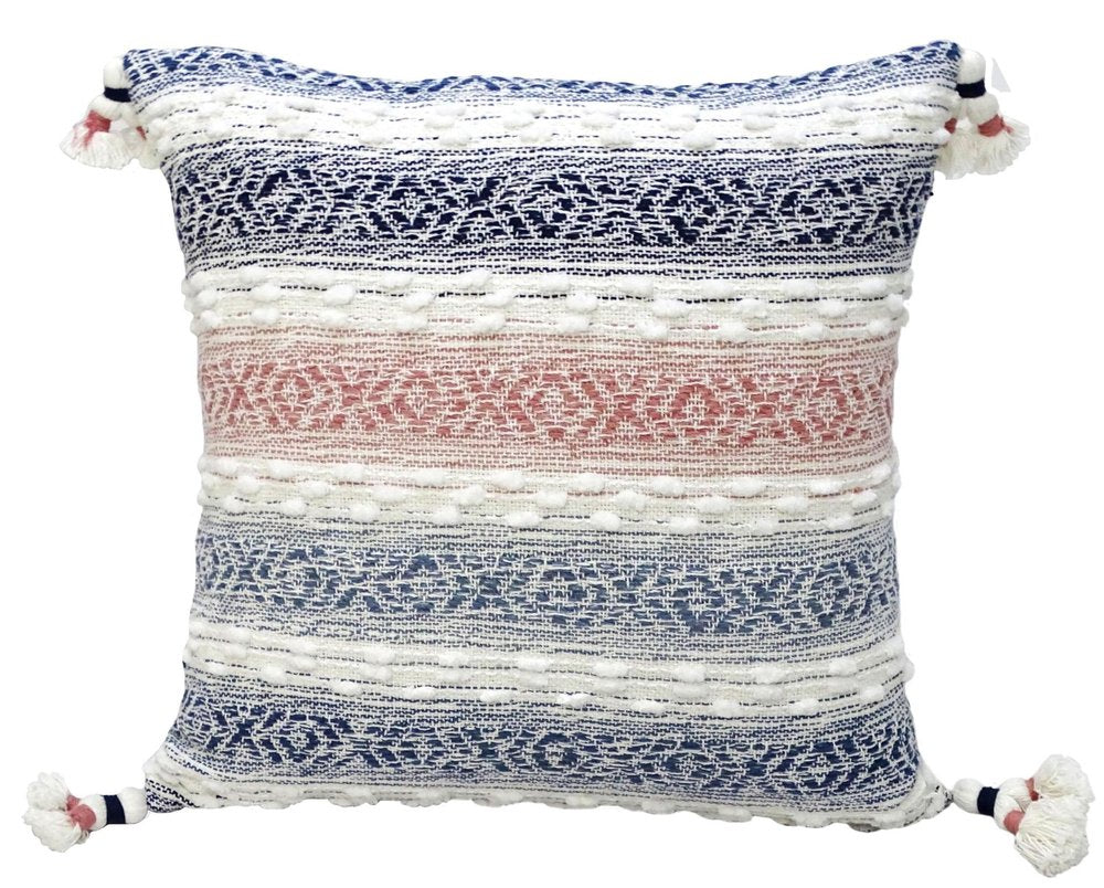 22" X 22" Blue And Peach Southwestern Stripe Handmade Throw Pillow With Tassels — view 8